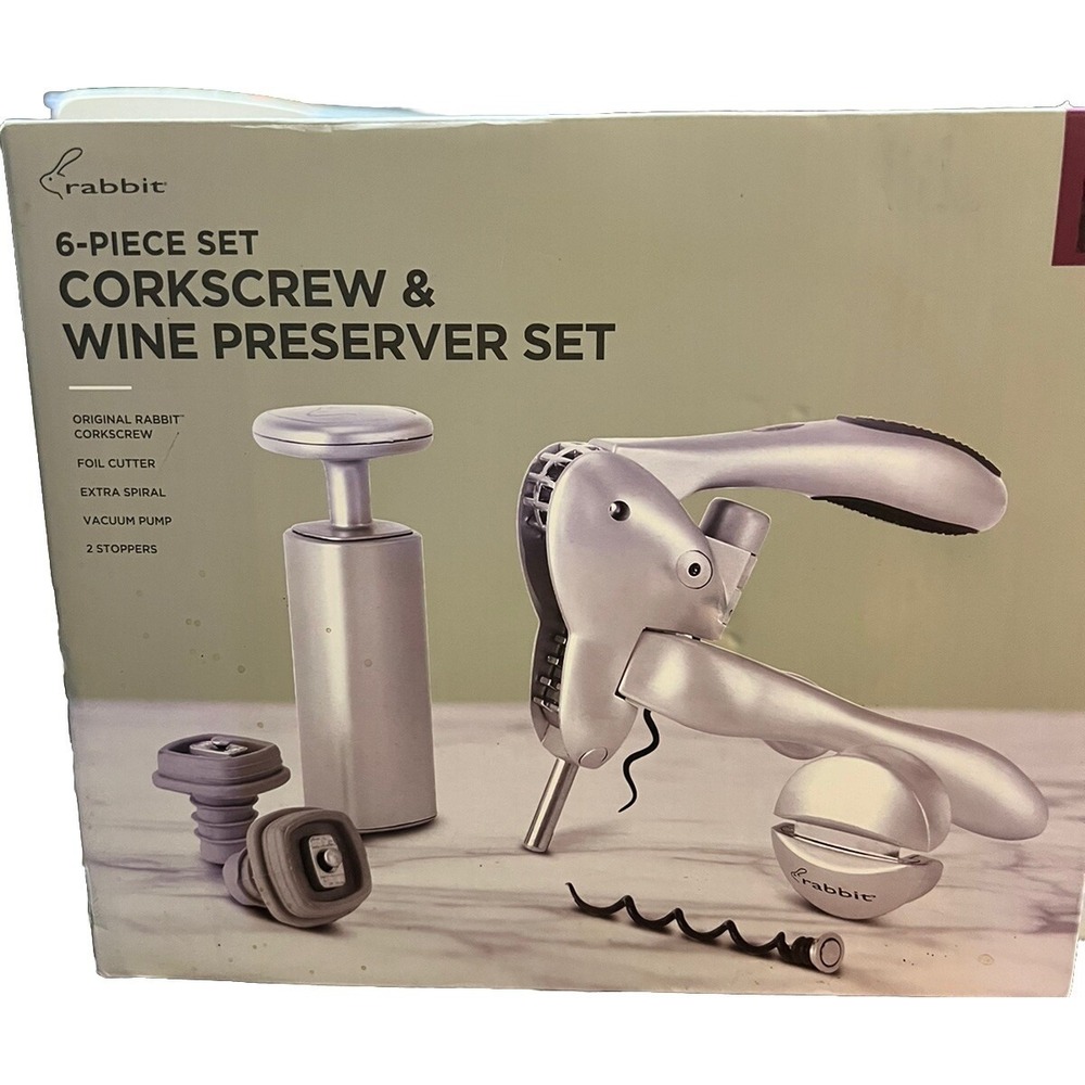 Rabbit Corkscrew & Wine Preserver Vacuum Pump 6 Piece Set Pre-owned In Box